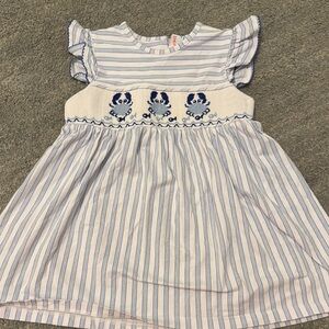 White and Blue Smocked Ruffled Sundress with Flutter Sleeves